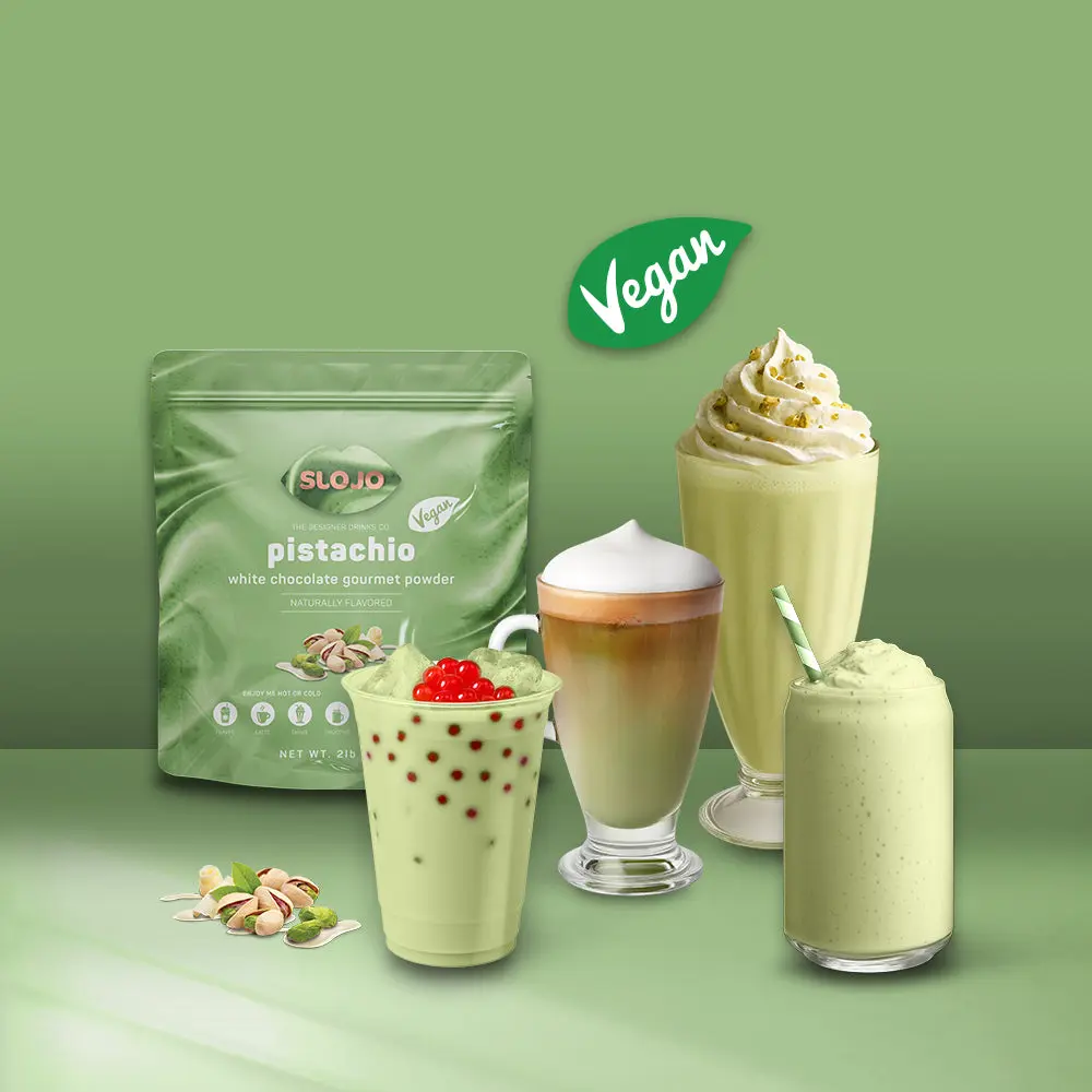 SLOJO Pistachio White Chocolate Flavored Powder – Vegan Drink Mix for Lattes, Hot Chocolate, Iced Coffee, Frappes & Milkshakes – No Artificial Flavors or Sweeteners, Kosher, 2lb (907g), Made in USA