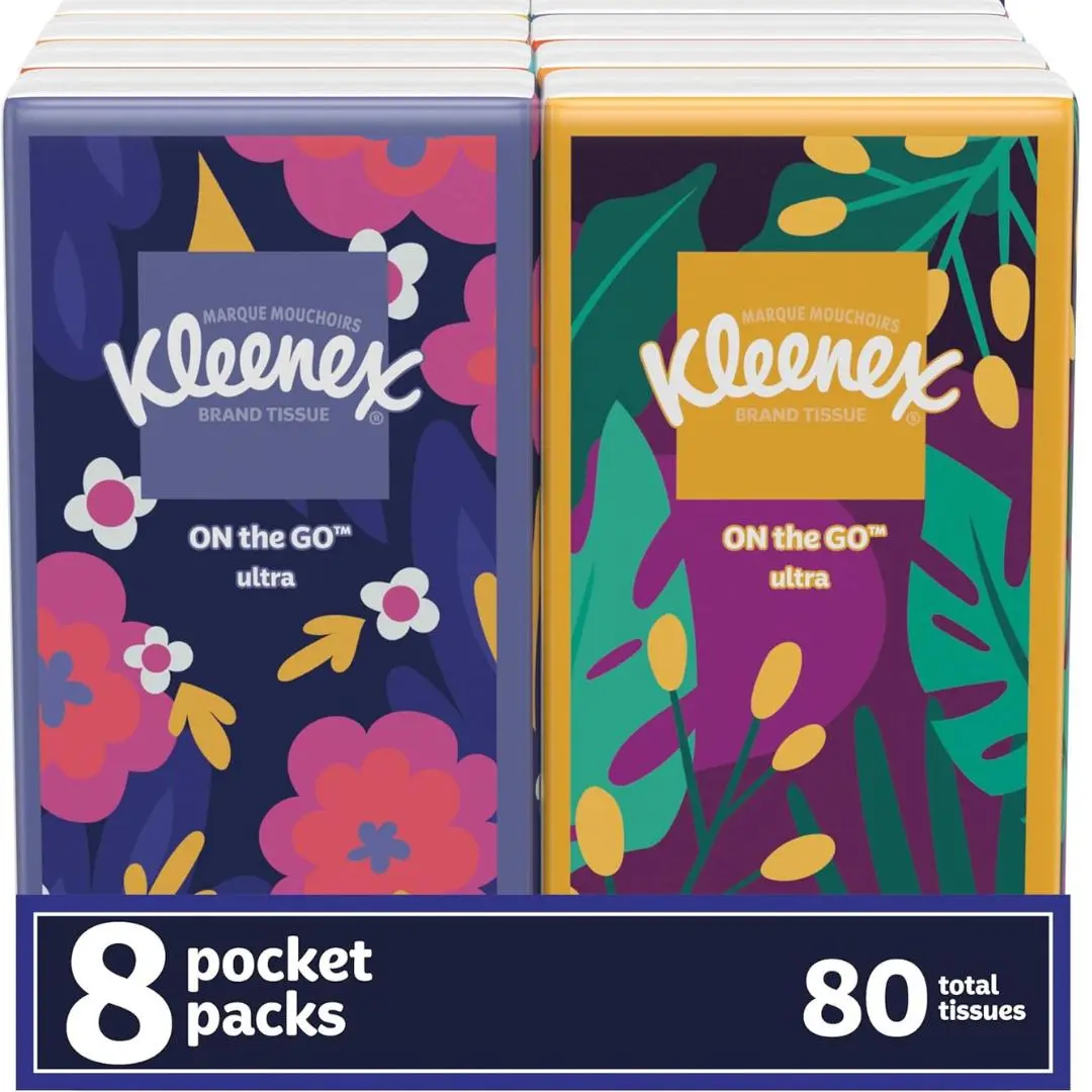 Kleenex On-The-Go Facial Tissues, 8 On-The-Go Packs, 10 Tissues per Box, 3-Ply (80 Total Tissues), Packaging May Vary