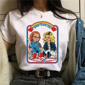 Chucky and Tiffany Horror Movie T-Shirt - Retro 90s Vintage Aesthetic Graphic Tee - Creepy Cute Satanic Pentagram Shirt - Funny Sarcastic Goth Alt Clothing