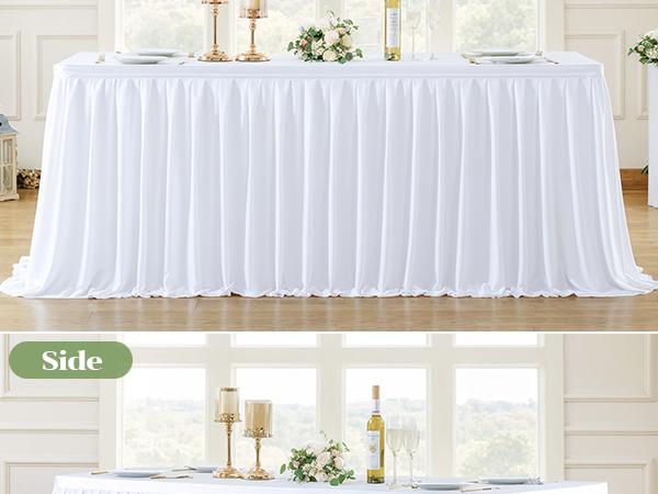 White Polyester Table Skirt for 6ft Rectangle Tables, Wrinkle-Resistant Pleated Ruffle Tablecloth with Easy Setup for Party & Event Decor