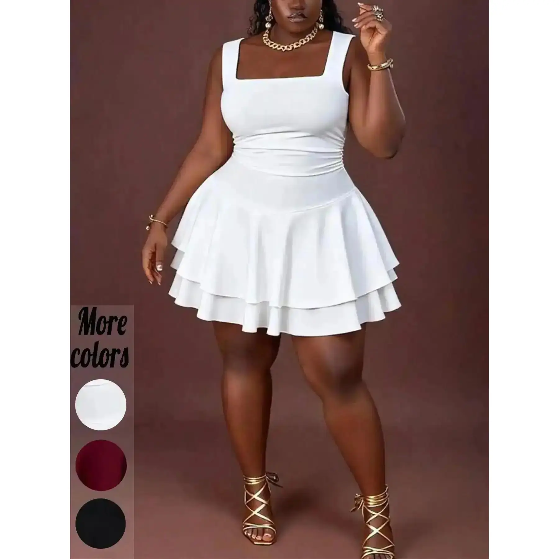 [Plus-Size]1 Piece Square Neck Sleeveless Tiered Ruffle Skater Mini Dress, Y2K Sweetheart Style, Stretchy Cinched Waist & Double-Layer Hem, For Curvy Women, Perfect Date Night, Brunch & Party Outfits, Women's Plus-Size