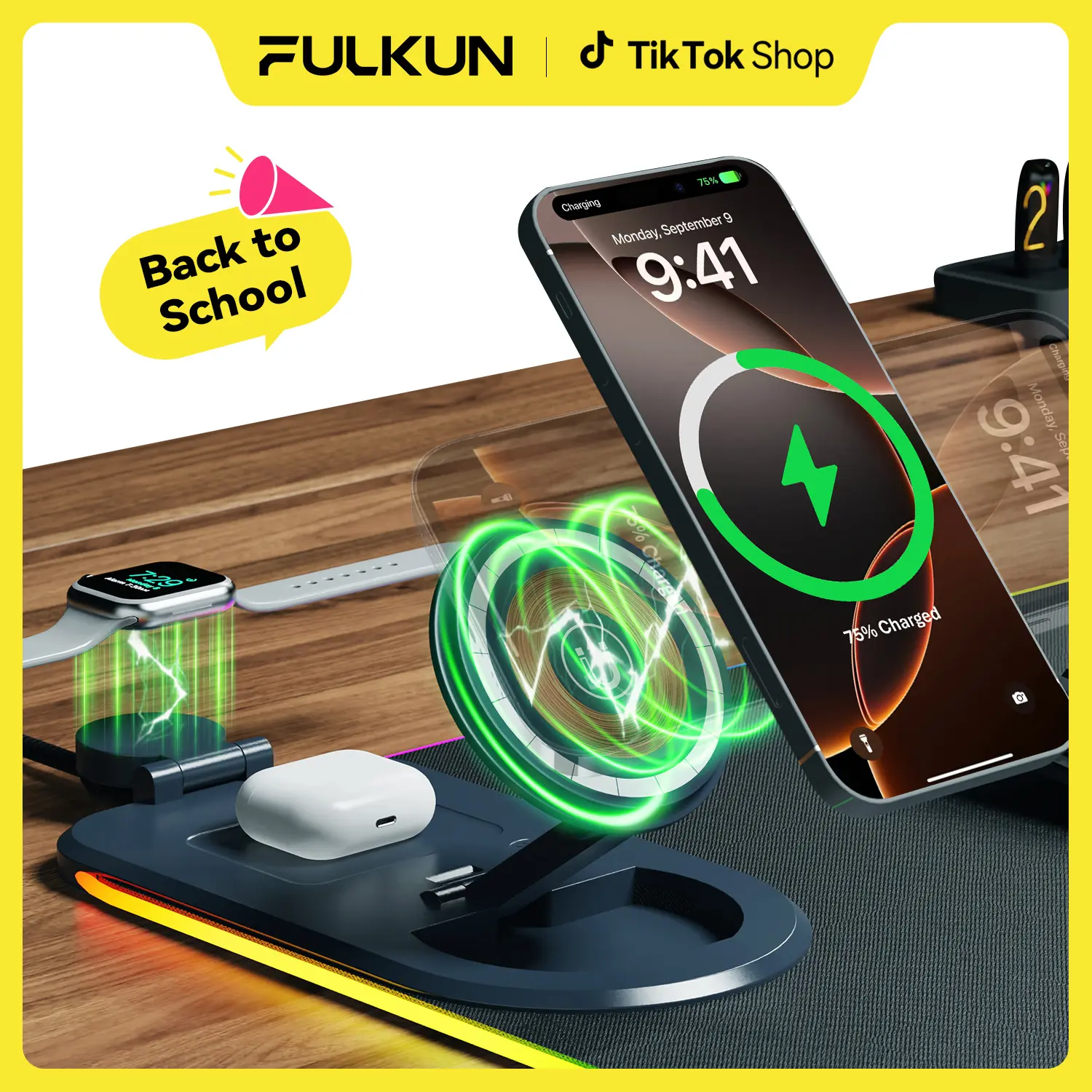 3-in-1 Wireless Charging RGB Mouse Pad with LED Lights, XXL Extended Desk Mat (31.5x11.8 in) for Charging Phones, Watches & Earbuds