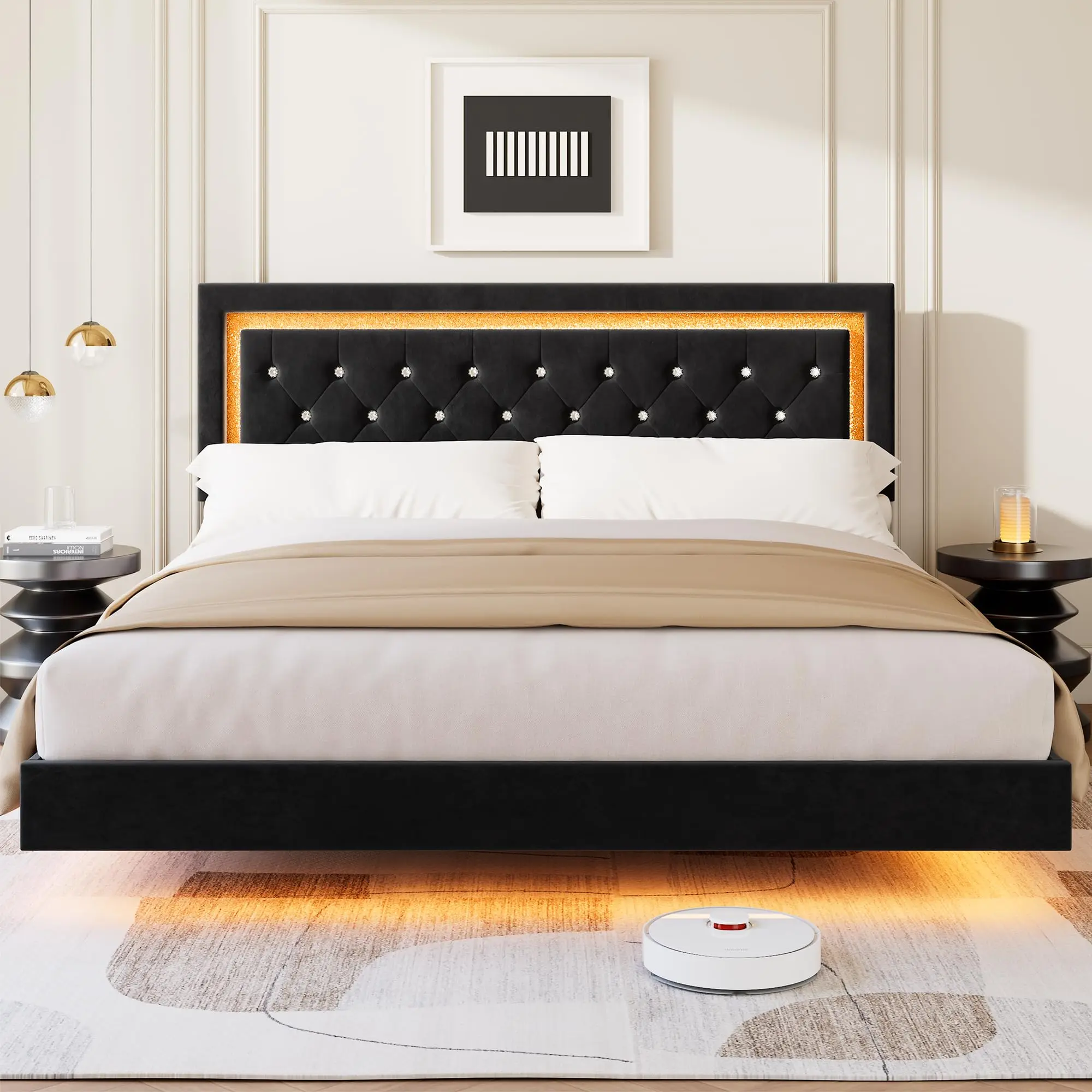 Garvee - King Size Floating Bed Frame with Smart LED Lights, Upholstered Platform with Diamond Headboard, Solid Wood Slat Support, No Box Spring Needed, Noise-Free, Easy Assembly