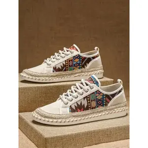 Men's Ethnic Pattern Patchwork Straw Braid Bottom Lace Up Low Top Sneakers, Casual Comfortable Breathable Lightweight Sports Shoes, Fashionable Walking Shoes for Daily Wear（gift）