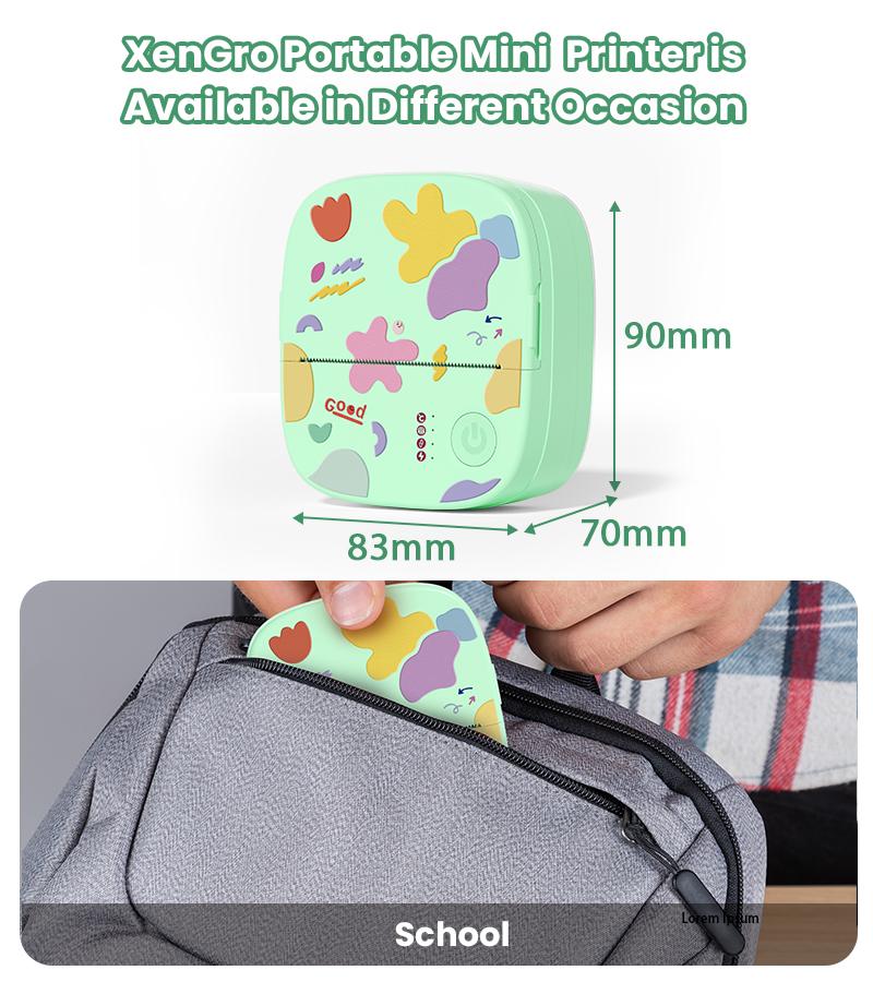 [Springglowup] XenGro Mini Printer Bluetooth included 3 Roll label Thermal Pocket Printer,Inkless Small printer B&W Printing Only for Photos, Study Notes, Lists,Memos, Journals Printing Machine Sticky Label, Birthday Gifts for Kids Green