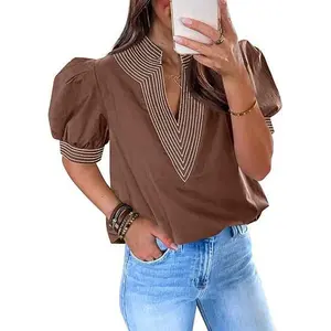 Cicy Bell Womens Puff Short Sleeve Blouses Summer Casual Dressy Contrast Stitch V Neck Tops Loose Fit Tee Shirts