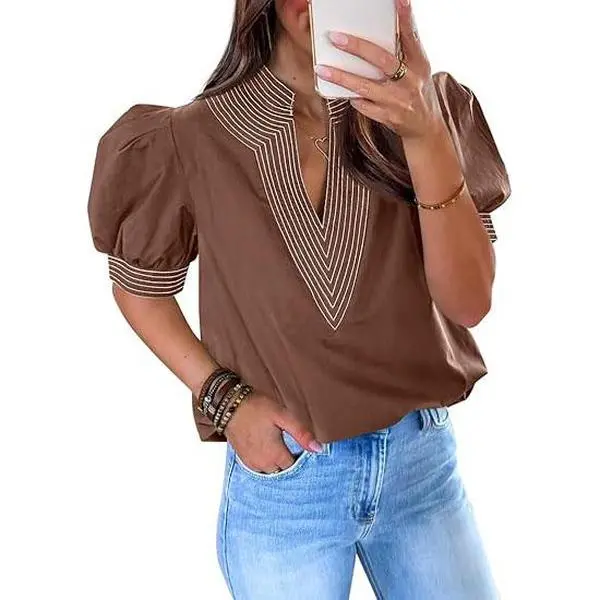 Cicy Bell Womens Puff Short Sleeve Blouses Summer Casual Dressy Contrast Stitch V Neck Tops Loose Fit Tee Shirts