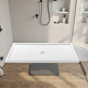 Shower Pan 60 Inch L By 36 Inch W, Single Threshold Rectangular Shower Base, White Acrylic And PVC Construction, Slip-Resistant Shower Pan Base With Center Drain And Cover, Durable Waterproof Shower Tray For Bathroom Renovation