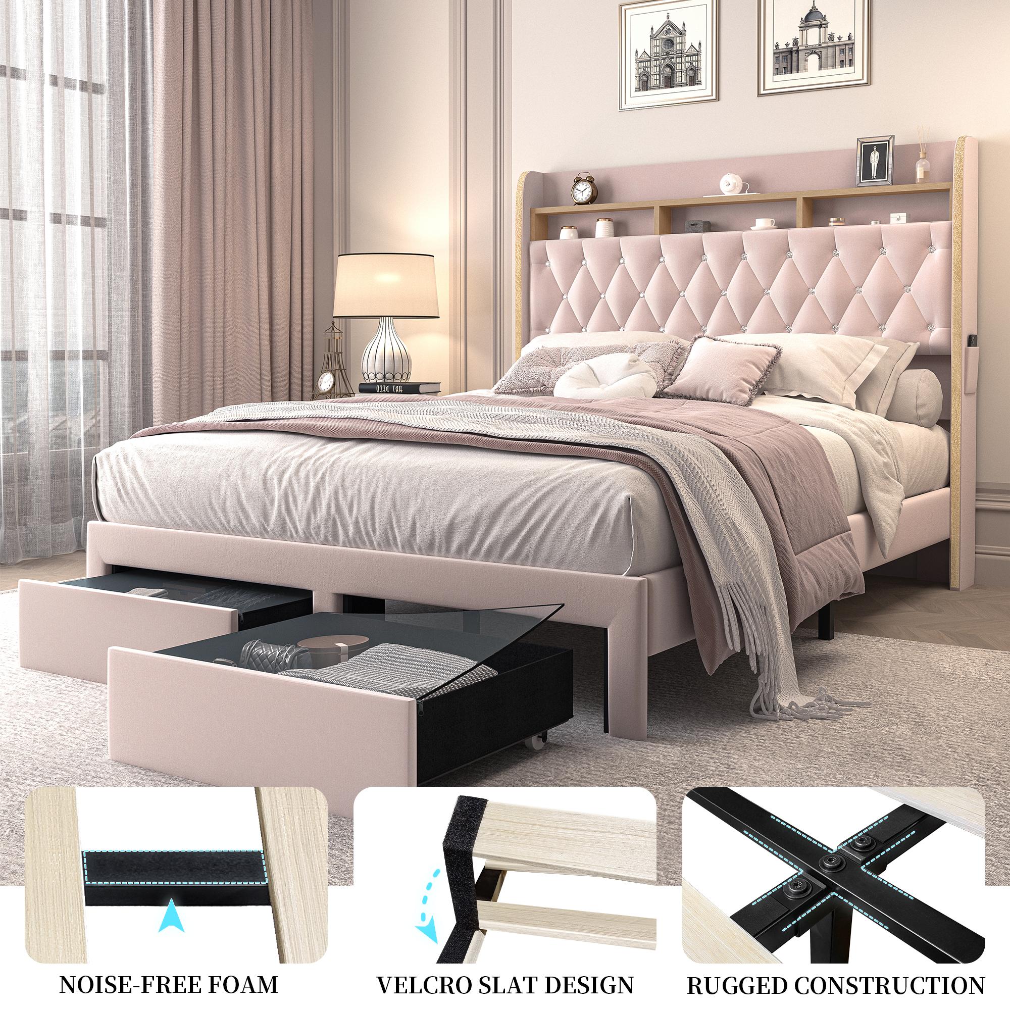 Queen LED Bed Frame with Storage Drawers, Full Size Upholstered Platform Beds with Galaxy Star Projector Charging Station Speaker, King Aurora Bedframe with 2-Tier Storage Headboard, Twin Bed, Noise-Free, PU Leather White Black, Velvet Gray Pink