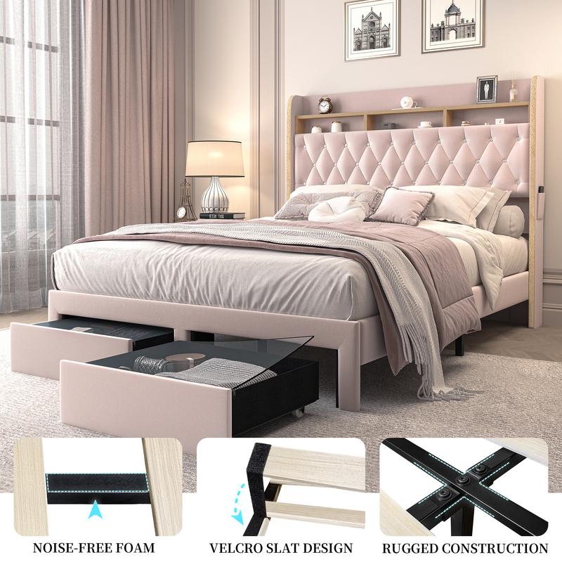 Queen LED Bed Frame with Storage Drawers, Full Size Upholstered Platform Beds with Galaxy Star Projector Charging Station Speaker, King Aurora Bedframe with 2-Tier Storage Headboard, Twin Bed, Noise-Free, PU Leather White Black, Velvet Gray Pink