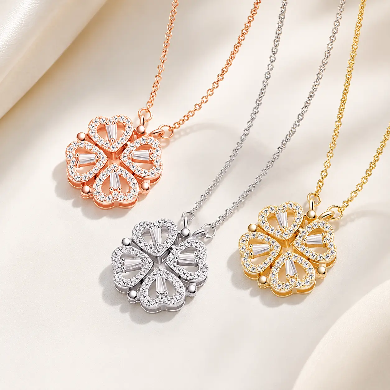 Clover Heart Chain Necklace for Women, 4-in-1 Magnetic Convertible Steel Pendant with Paved Cubic Zirconia, Everyday Anniversary Gift, Cubic Zirconia Chain, Heart Design Jewelry, Hypoallergenic Plating, Casual Style Necklaces, Daily Versatile Chain