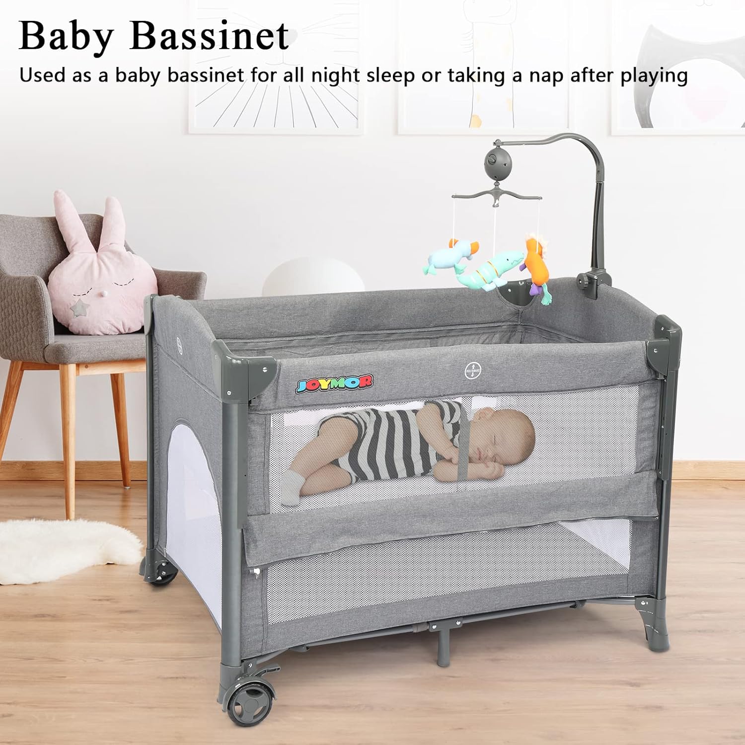 JOYMOR 5 in 1 Baby Bassinet with Changing Table, Portable Pack and Play with Bassinet, Mattress, Sheet, Toy, Wheels, Carry Bag for Boys Girls Diaper Gift