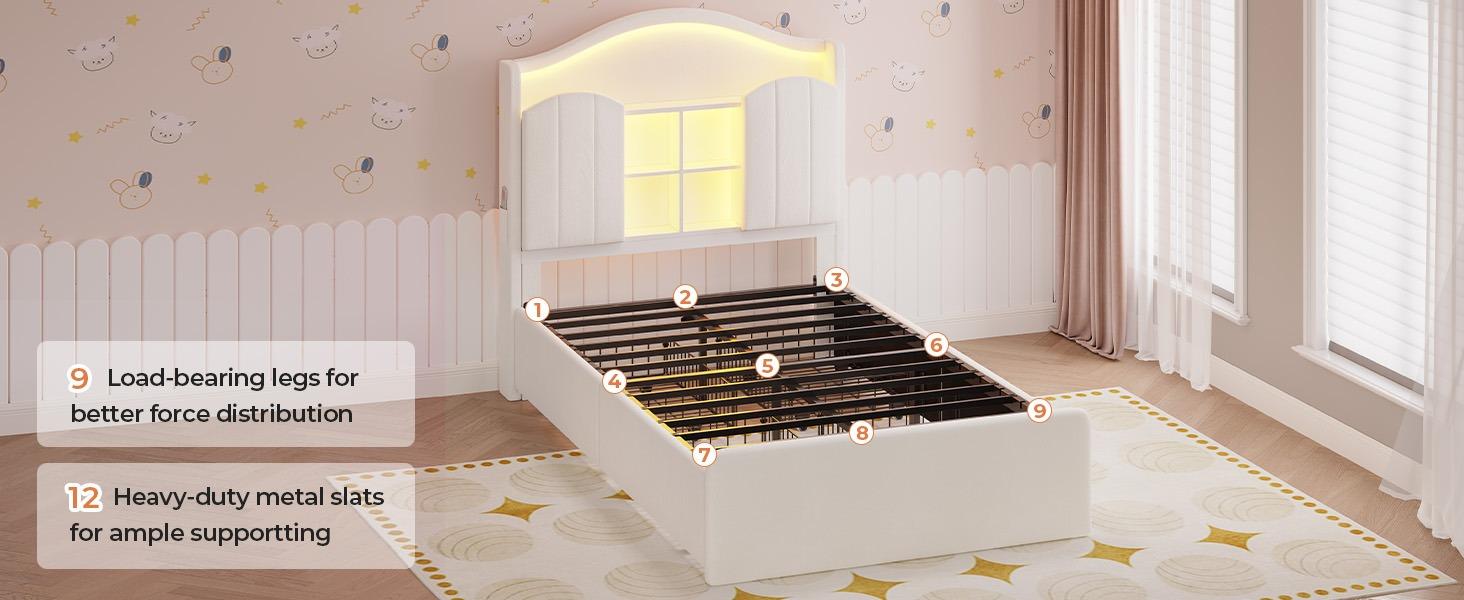 Sikaic Girls Twin Size Bed Frame with 4 Drawers & Hidden Storage Headboard LED Lights Charging Station Velvet Upholstered Strong Metal Slats No Box Spring Needed Noise Free Beige