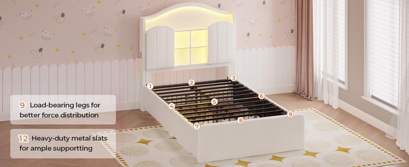 Sikaic Girls Twin Size Bed Frame with 4 Drawers & Hidden Storage Headboard LED Lights Charging Station Velvet Upholstered Strong Metal Slats No Box Spring Needed Noise Free Beige