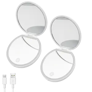 2 Count Portable Foldable Makeup Mirror,  Glam Travel Makeup Mirror with LED Light, Compact Cosmetic Mirror for Everyone, Pocket Size Makeup Tools, Travel Hand Mirror