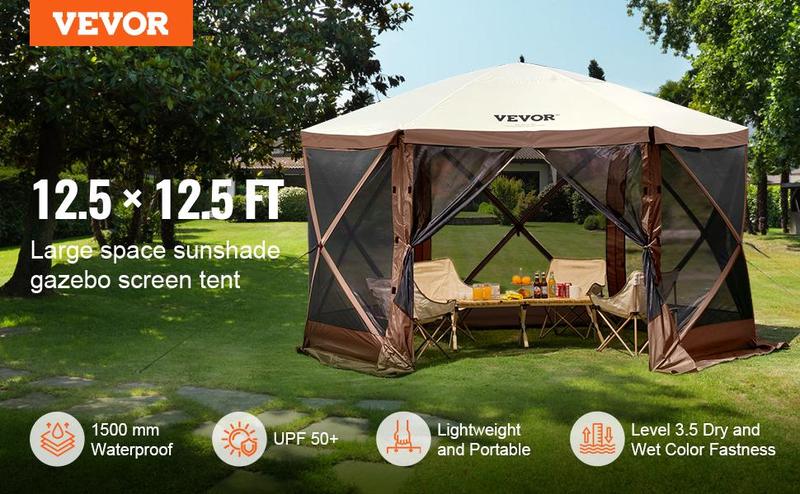 VEVOR Camping Gazebo Screen Tent, TikTokShopBlackFriday, 12*12ft, 6 Sided Pop-up Canopy Shelter Tent with Mesh Windows, Portable Carry Bag, Stakes, Large Shade Tents for Outdoor Camping, Lawn and Backyard, Brown/Beige