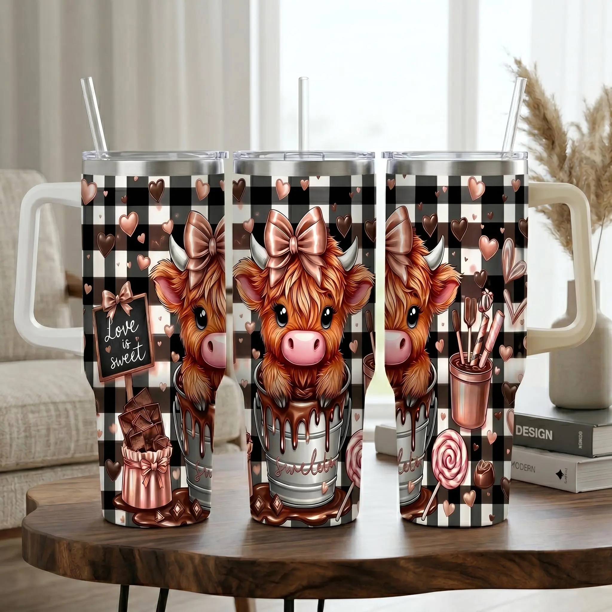 Modern Insulated Stainless Steel Highland Cow Flask (20oz/30oz Black Handle/40oz White Handle, 1000-2000ml) with Lid, Straw, Buffalo Plaid-Chocolate-Sweetheart Pink Bow Print, Car Cup Holder Friendly, Valentine's Day Gift for Women, 1,000-2,000 Ml, Double