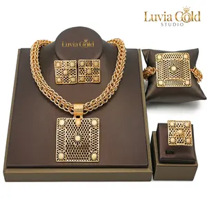 Dubai Gold Style 4PCS Wedding Jewelry Set for Women African Luxury Floral Cutout Big Square Filigree Pendant Necklace Bracelet Earrings Ring Elegant Wedding Banquet Set Valentine's Day Gift Statement Gold Plated Accessory Prom Gala