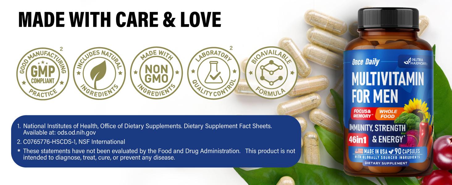 46-in-1 Multivitamin Complex for Men. B-Complex, Whole Foods & Enzymes for Energy, Focus & Brain. Bioavailable & Gentle on Stomach. Made in USA. 90 Capsules