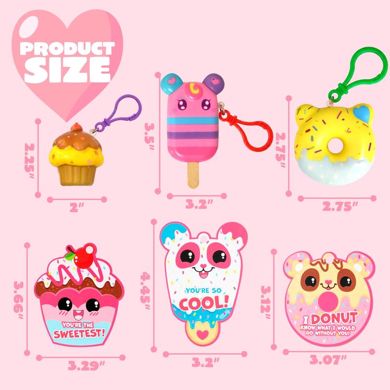 28Pcs&30pcs Dessert Squishy Toys Keychains with Kids Valentines Cards for Classroom Exchange Gifts 2025 Valentine Exchange Cards  Various decorations are available for selection.