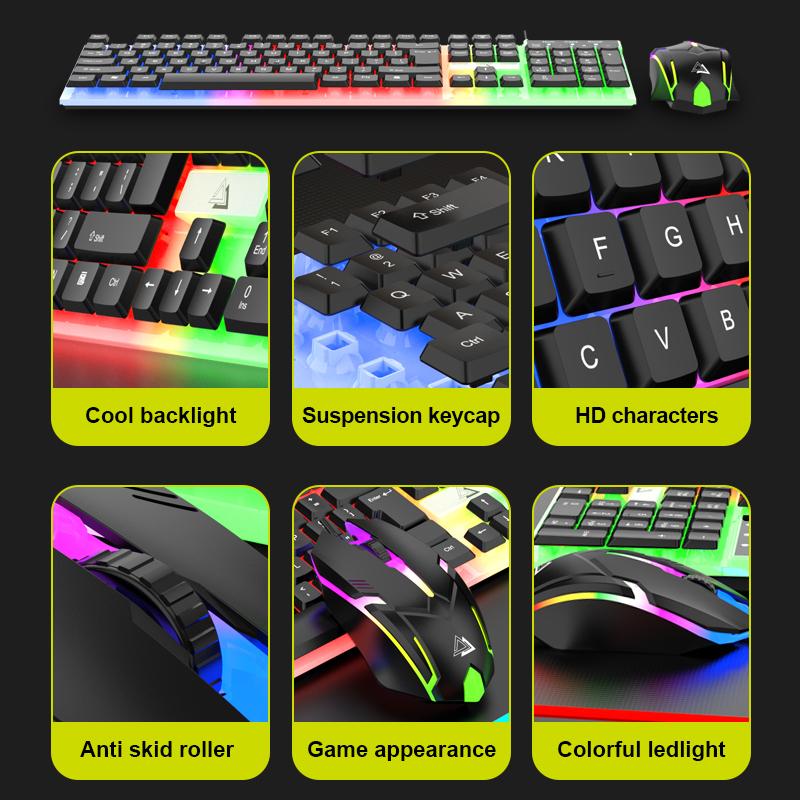 USB Wired Gaming Keyboard Mouse Combo Set RGB LED Backlit For PC / Laptop / Windows / Mac - Black & White
