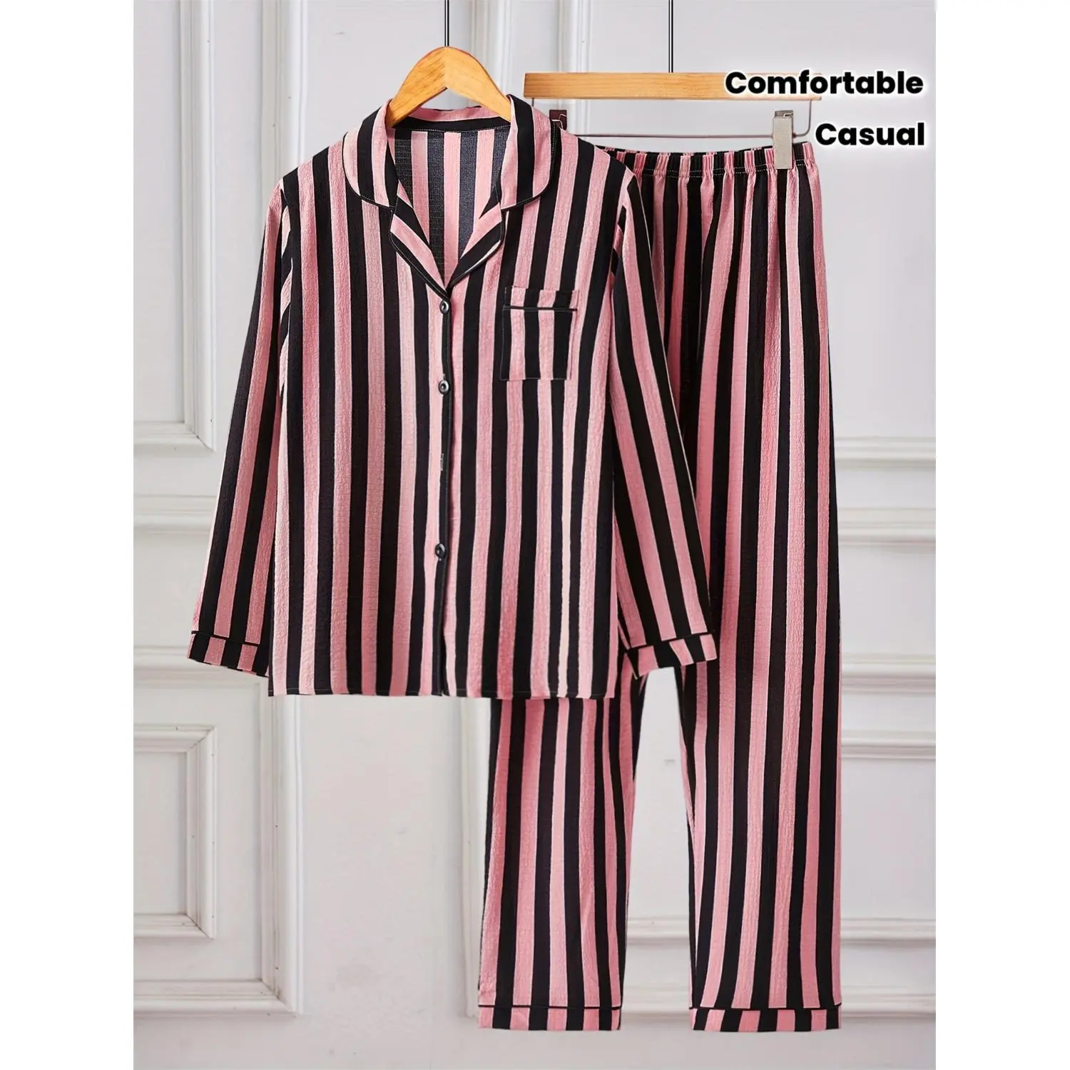 Striped Long Sleeve Pajama Set for Women with Contrast Trim Lapel and Button-Up Design