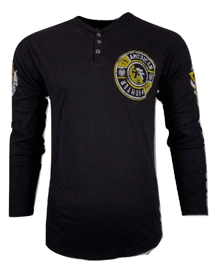 AMERICAN FIGHTER Men's Benjamin Cotton Thermal Long-Sleeve Graphic Henley Shirt, Casual Pull-On Top for Athletic Bikers with Welch Wash