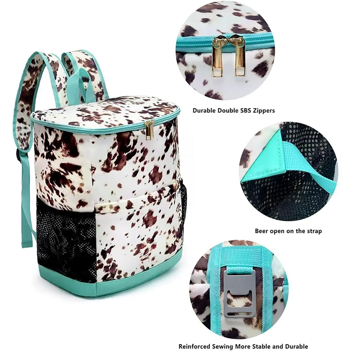 Women's Cute Cow Print Insulated Picnic Cooler Backpack - Leakproof Personal Cooler, Insulated Can Cooler, Soft Bag with Side Pockets for Drinks, Snacks, Ice Packs - Unisex Names Compatible for Camping, Hiking
