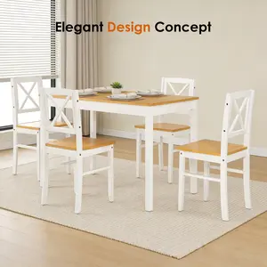 5-Piece Rubberwood Kitchen Dining Table Set with 4 Chairs, Natural White Space-Saving Table and Chair Set for Small Spaces, Apartment, Dining Room, Restaurant - Easy to Clean Smooth Solid Wood Surface
