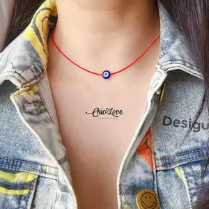 Evil Eye Necklace – Blue Lampwork Eye, Red cord,  Adjustable Extender chain