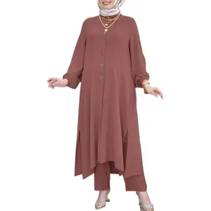 Two Piece Modest Outfit with Button Front Long Top and Relaxed Pants