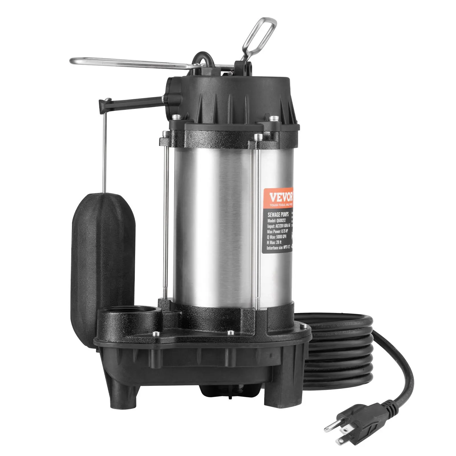 VEVOR Submersible Sewage Sewer Pump - 0.75HP Motor, 5000 GPH Flow, 28 ft Lift, 10 ft Power Cord, Automatic Float Switch, Corrosion-Resistance Cast Iron, IPX8 Waterproof Rating, High Wear Resistance, Powerhouse Performance for Basement Flood Cleanup, Subme