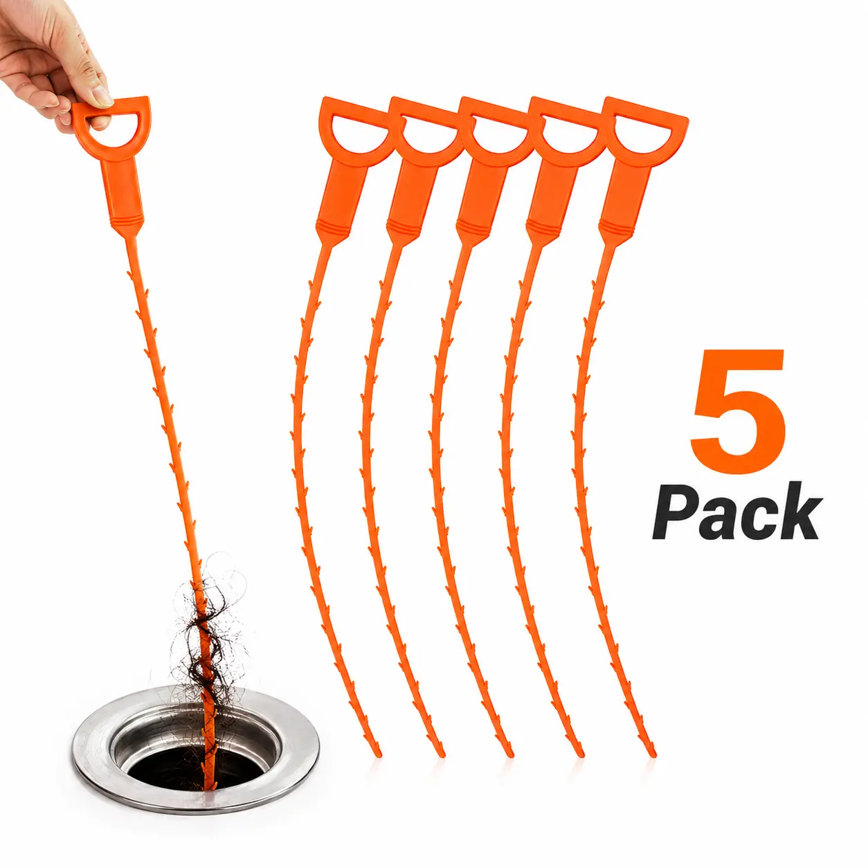 5-Pack 20 In Barbed Edges Drain Snake Clog Remover, Flexible Plastic Long-Reach Strong Material Tool for Bathroom Sink, Shower, Kitchen Pipes Easy Cleaner