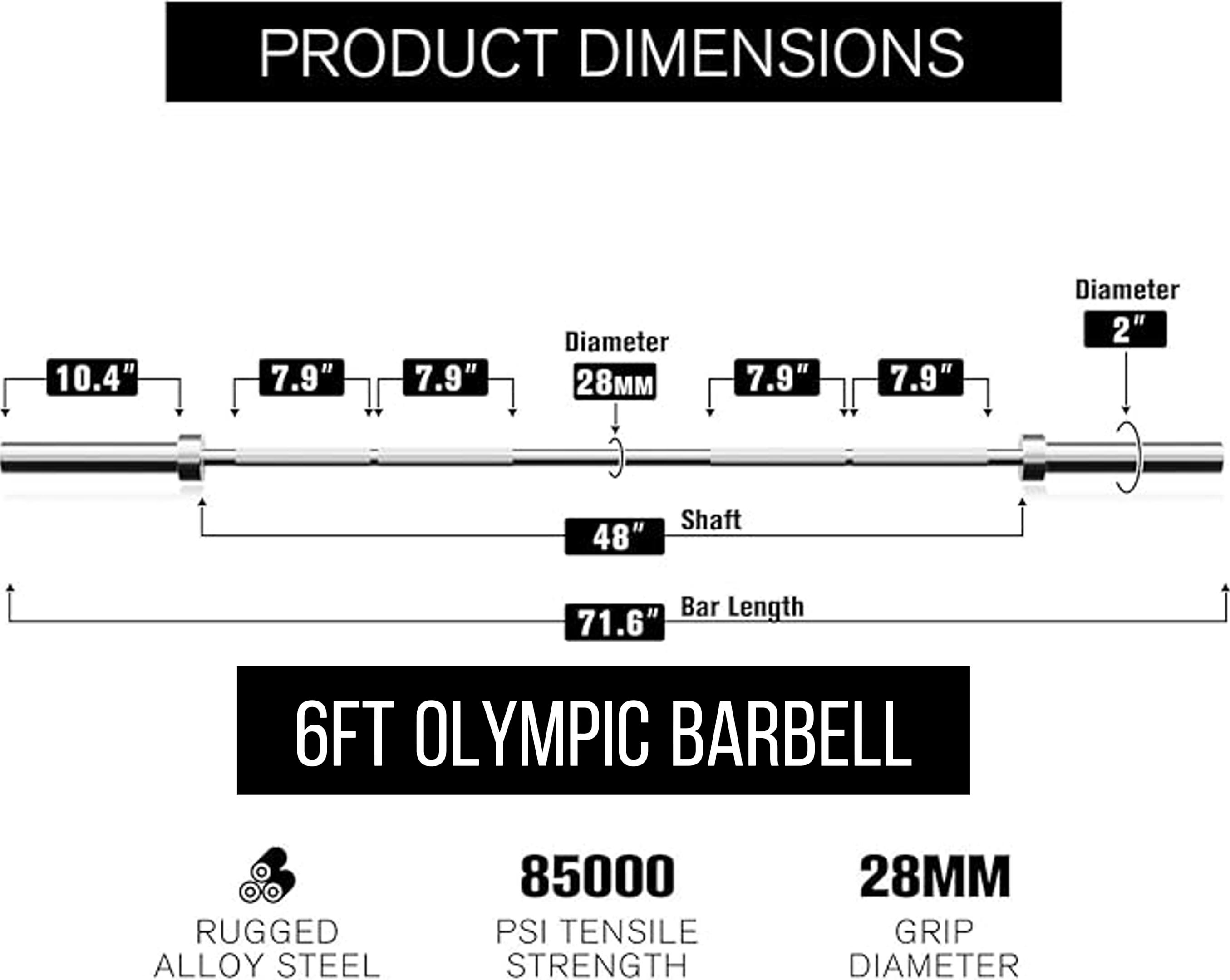 RITFIT Olympic Barbell 4ft/6ft - 2 Inch Weight Bar for Strength Training, Weightlifting, Squat, Deadlift, Bench Press, Curl, Overhead Press - 350lbs/500lbs Capacity