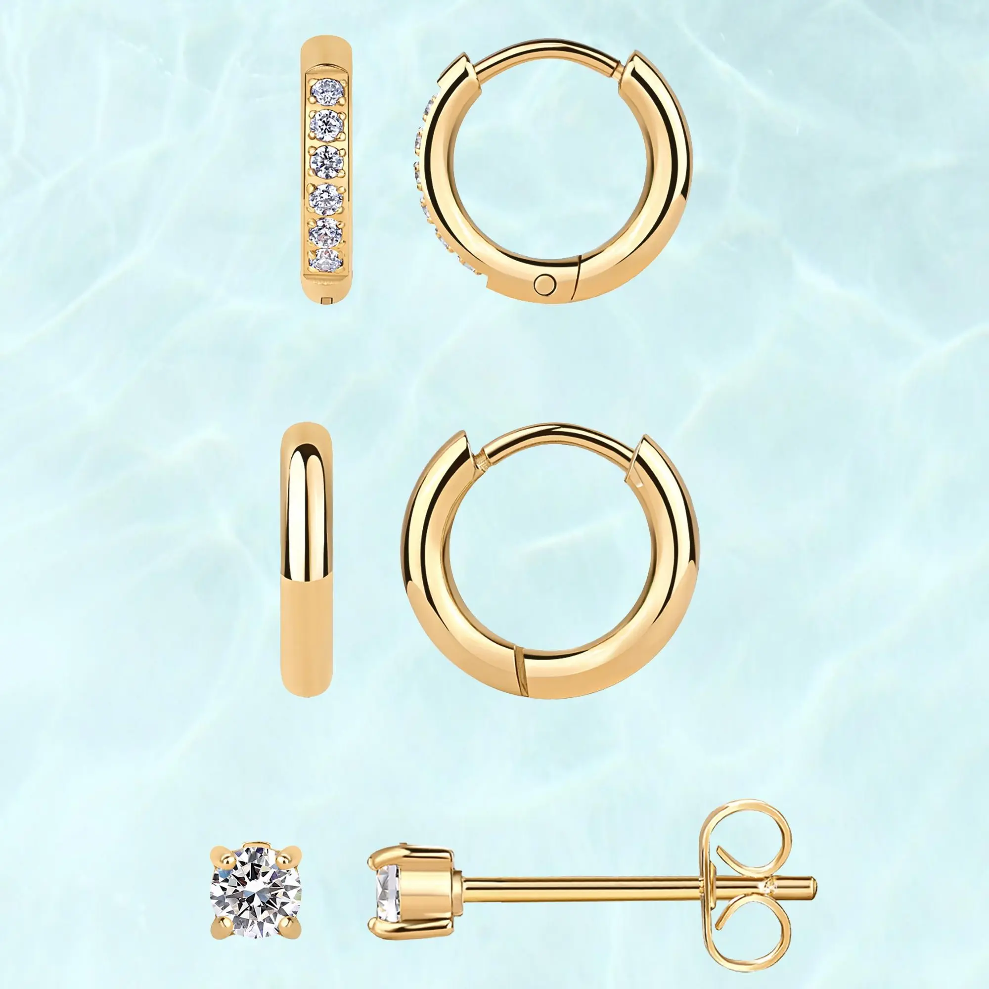 PAVOI Waterproof Earrings Set for Women - 14K Gold Plated Huggie Hoop & Stud Earring Pack for Multiple Piercings - Dainty Stainless Steel Everyday Jewelry