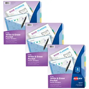 Avery Write & Erase Pocket Plastic Dividers for 3 Ring Binders, 8-Tab Sets, Multicolor, Works With Sheet Protectors, 3 Sets (31701)