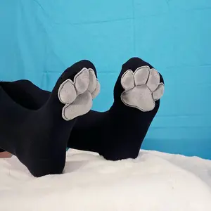 Puffy Grey Mochi Cat Paw Pad Bean Black Thigh High Stockings for Furry Cosplay