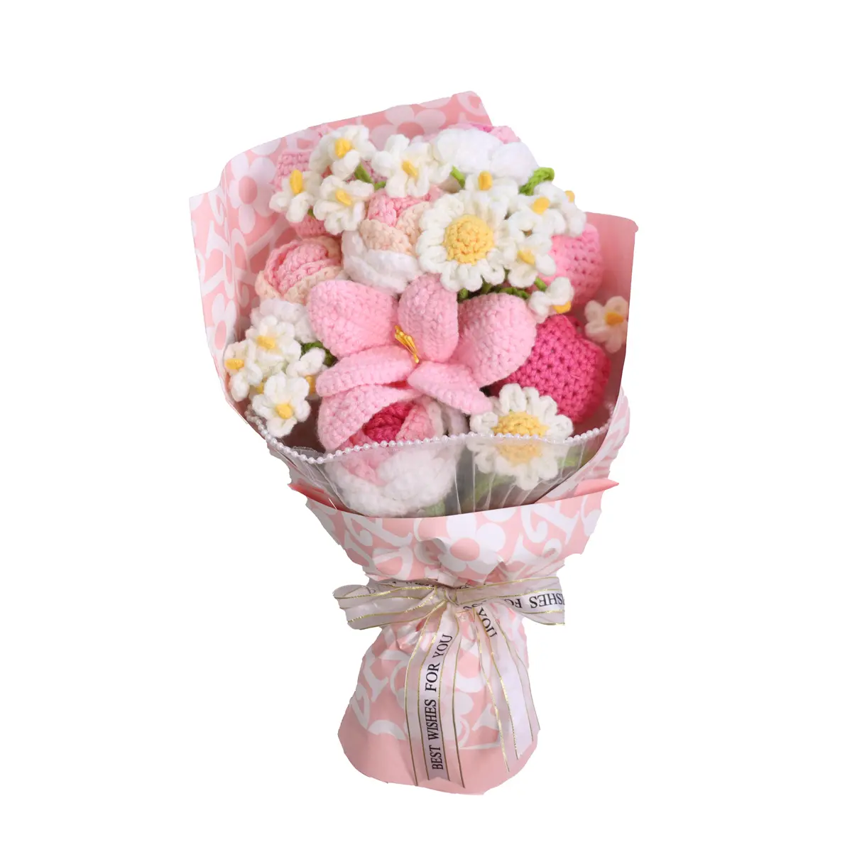 Decorative Handmade Crocheted Blooms Bouquet - Never Wilts Pre-Wrapped Finished Arrangement of Daisies & Blush Pink Flowers, Unique Gift for Birthday, Home Desk Decor, Finished Bouquet, Soft Yarn