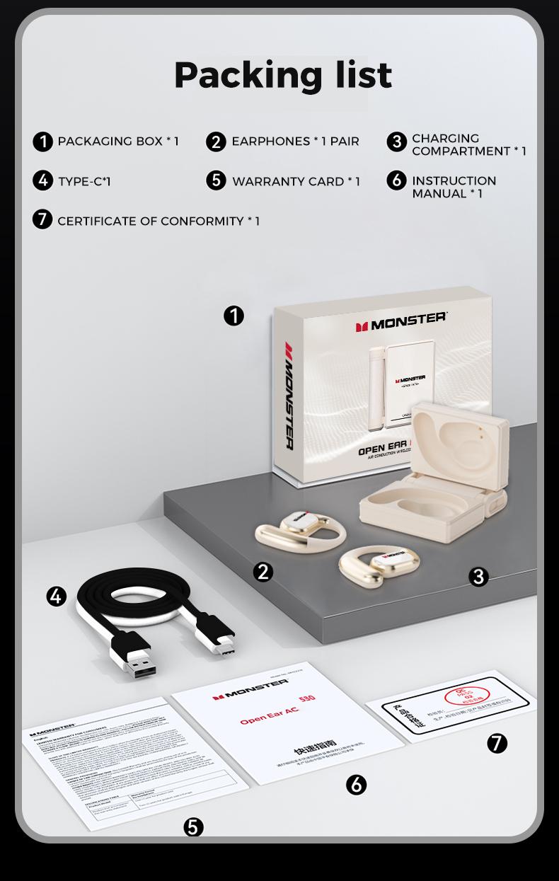 Monster Open-Ear Mic Headset, Dual-Fold Design, Mic Noise Cancellation Headphones, 100H Long Battery Life Bluetooth 6.0 Wireless Earbuds, Touch Control, IPX5 Sweatproof, for Running, Workout, Driving, Back to School– Gifts for Men & Women