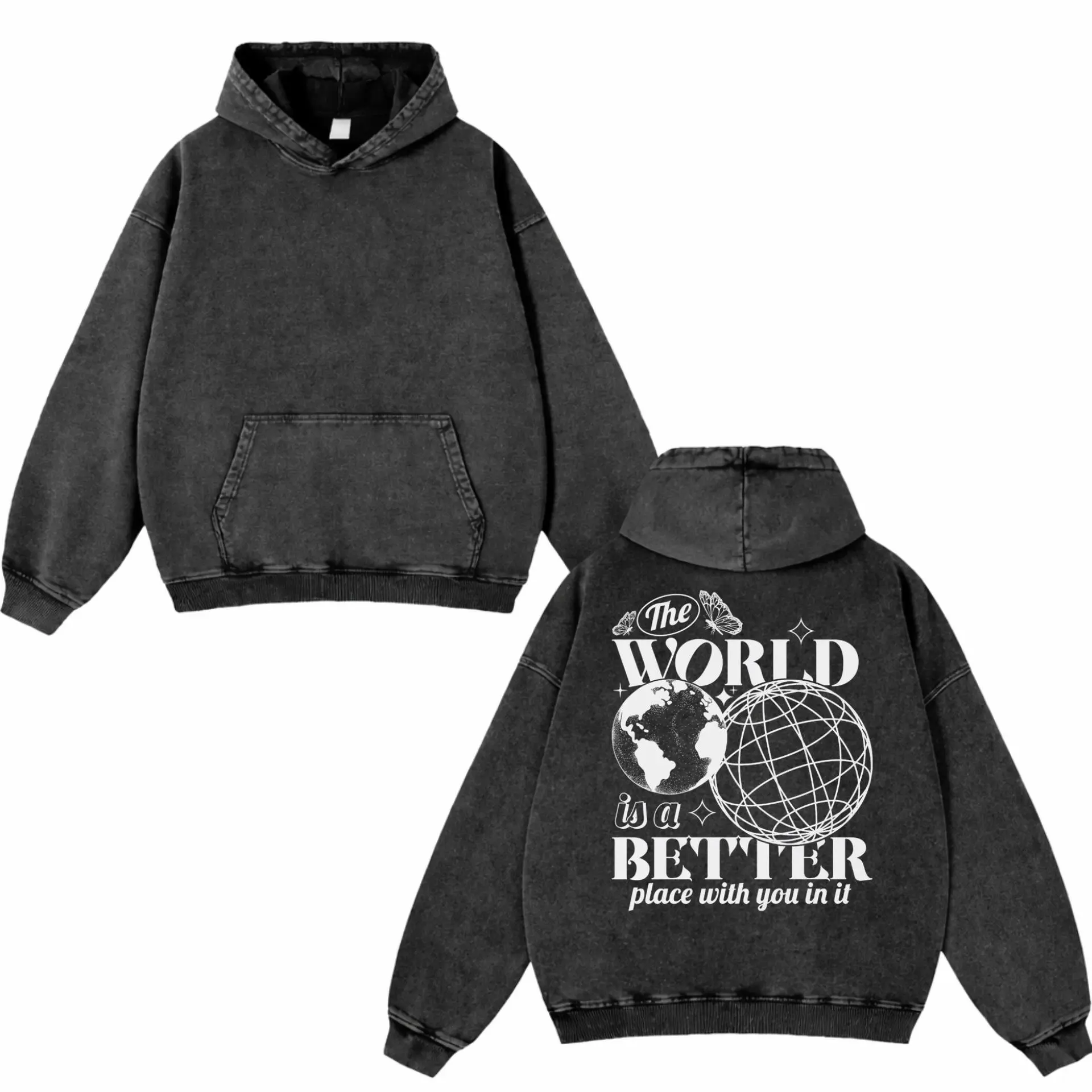 The World Is a Better Place With You in It Washed Hoodie – Mental Health Affirmation Hoodie, Oversized Vintage Streetwear, Meaningful Gift for Her