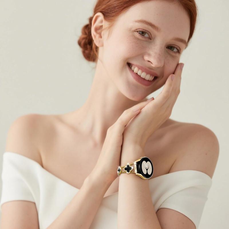 BUREI Black Shell Clover Diamond Metal Band for Samsung Galaxy Watch 7/6/5/4 20mm Sparkle Wristband Women's Elegant Rhinestone Accents Tool-Free Size Adjustable Premium Brass Alloy Fashion Accessory#TikTokShopHolidayHaul