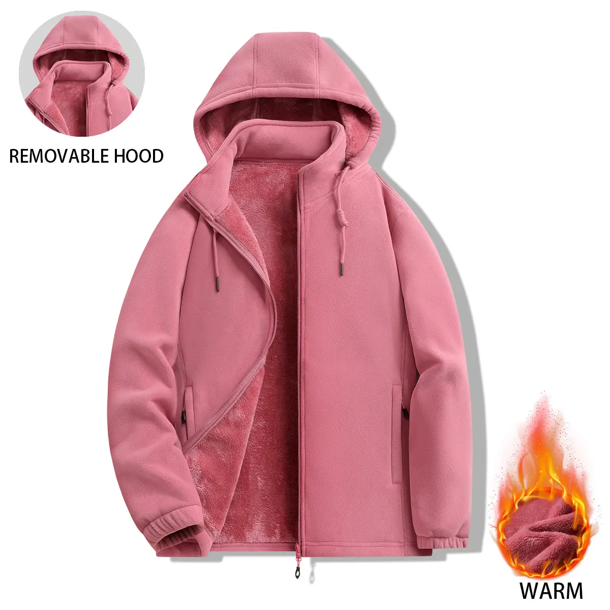 Women's Fleece Full-Zip Jacket with Detachable Hood, Regular Sleeves, Elastic Cuffs, Zippered Pockets, Plush Lining, Casual Chic Style for Hiking, Cold-Weather Casual Outfits