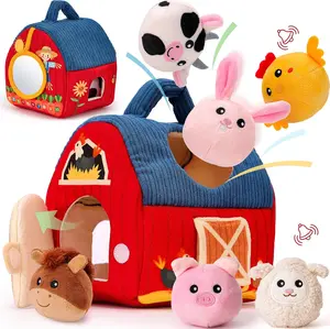 Baby Toys 6-12 Months - Surprise Barn Plush Farm Animals, Rattles, Crinkle Paper, Mirror, Montessori Toys, Sensory Ball for 6-Month-Old Babies, Plush Toys for 1-3 Year Olds, Gifts for Boys and Girls, Baby Easter Basket Filler