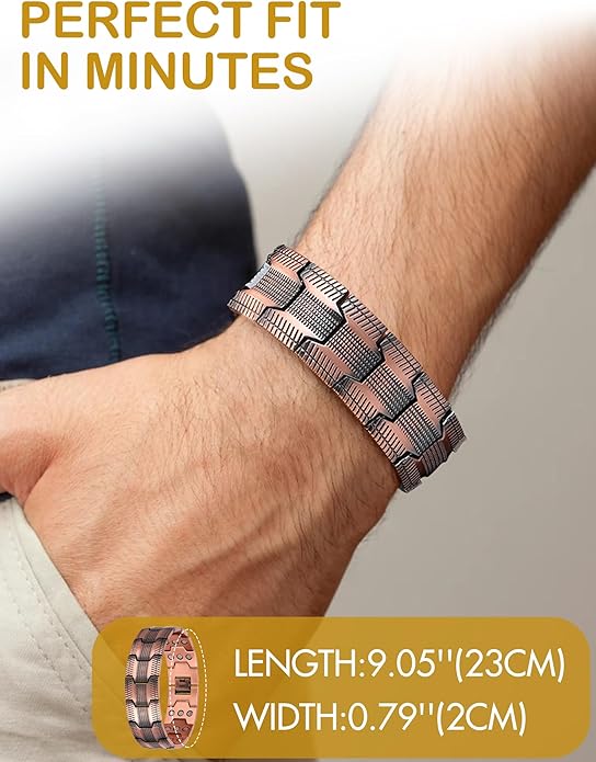 Men's Magnetic Bracelet with 3X Strength & Adjustable Length Copper Color Design Unique Durable Accessory with Sizing Tool for Enhanced Comfort