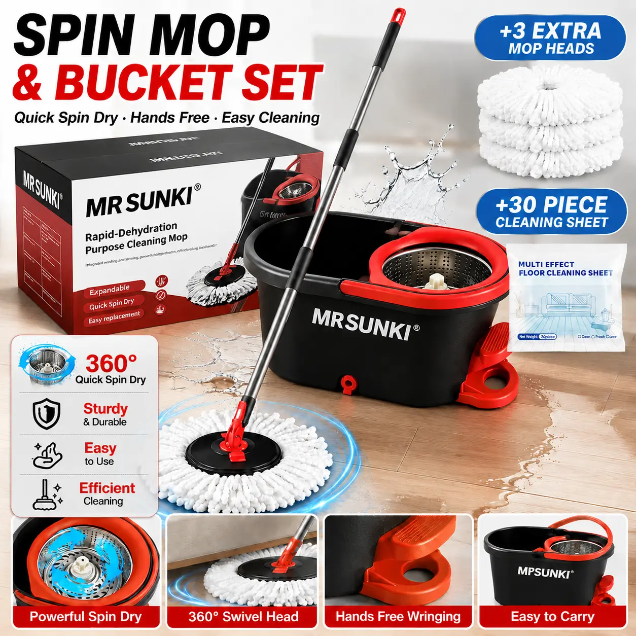 MrSUNKI Spin Mop and Bucket Set with Ft Pedal, Stainless Steel Wringer System, 3 Microfiber Replacement Heads, 30 Floor Cleaning Sheets, 360° Rotating Adjustable Polyester Mop, Essential Cleaning Tools You Need for All Hard Floors