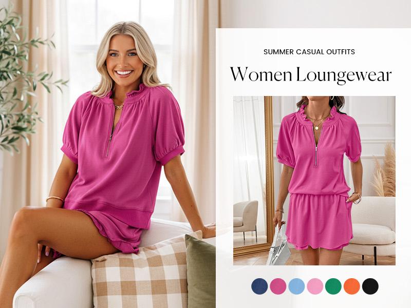 Shewin Women's 2026 Summer Casual 2-Piece Ribbed Knit Set - Adjustable Shortsleeve Half-Zip Collared Loose Pullover Top with Pockets & High-Waist Elastic-Fit Ruffle Mini Skirt for Everyday Wear,summervibes Shewin Women's 2026 Summer Casual 2-Piece Ribbed Knit Set - Adjustable Shortsleeve Half-Zip Collared Loose Pullover Top with Pockets & High-Waist Elastic-Fit Ruffle Mini Skirt for Everyday Wear,summervibes