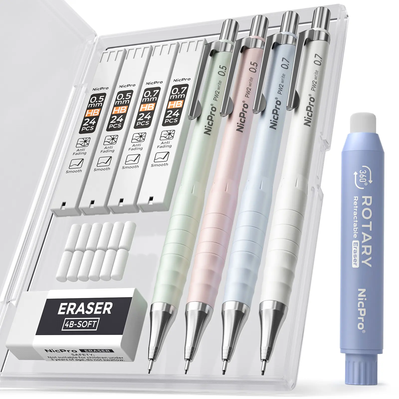 Nicpro Cute Mechanical Pencil Set, 4PCS 0.5 & 0.7 mm Pastel Drafting Pencils with 4 Tube HB Lead Refills, 4B Erasers, Rotary Retractable Eraser, Eraser Refill for Writing Sketching School Supplies,back to school,back to school haul