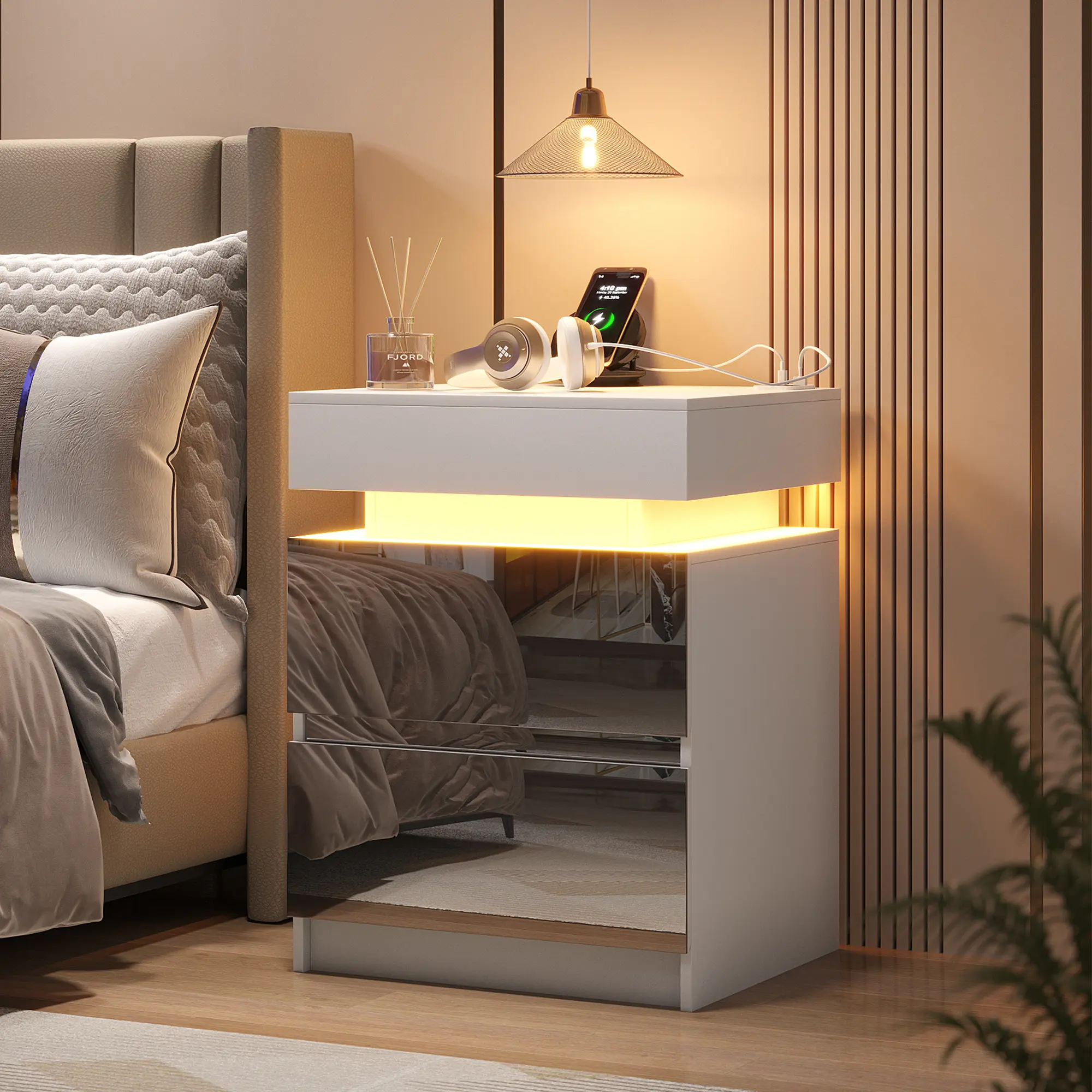 Dystler Modern LED Nightstand with Charging Station, 2 Mirrored Drawers, Magnetic Lock Sliding Top, Functional Bedside Side Table for Bedroom & Living Room, Assembly Required