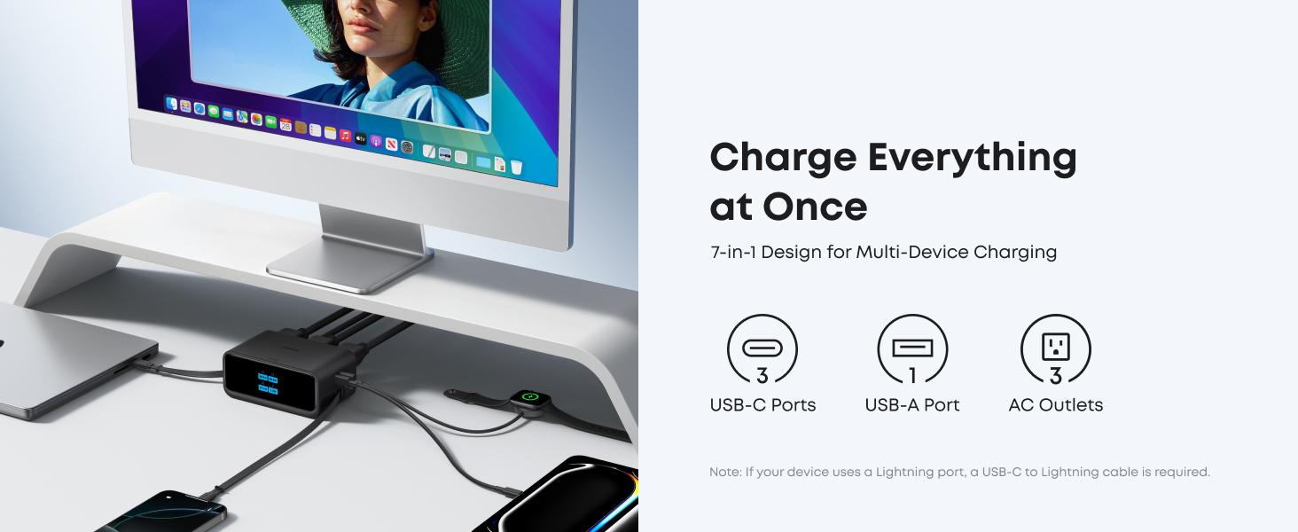 Anker Nano 7-in-1 USB-C Charging Station with 2.3ft InstaCord, 3 USB-C, 3 AC Outlets, 1 USB-A, 100W Desktop Power Strip for iPhone 17/16, MacBook, and More, Perfect for Multitasking