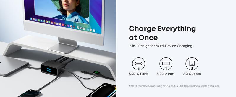 [Live only]Anker Nano Charging Station, 7-in-1 USB-C Power Strip for iPhone 16, 2.3 ft Anker InstaCord Retractable Cable, 3 USB-C, 1 USB-A, 3 AC, 100W Fast Charging Desktop Accessory for MacBook, Home, Office